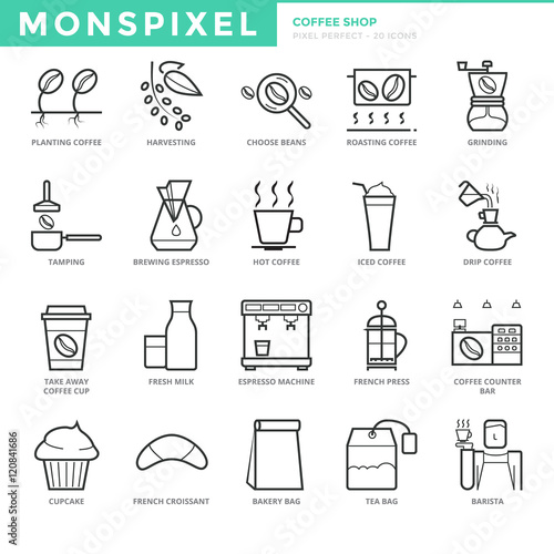 Flat thin line Icons set of Coffee Shop. Pixel Perfect Icons. Simple mono linear pictogram pack stroke vector logo concept for web graphics.