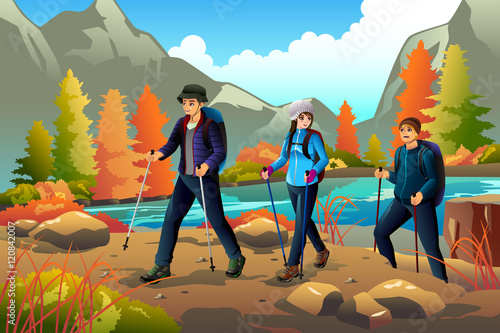 Young people going hiking outdoors