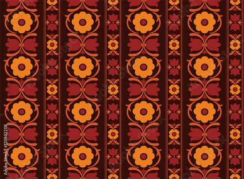 Ornament Muster Hintergrund Folklore Stoffmuster Tapetenmuster Kachel Tilde Gestaltung Homepagehintergrund 70er Jahre Druck Papiermuster Internetseitenmuster Blume Blümchen weinrot orange 70s