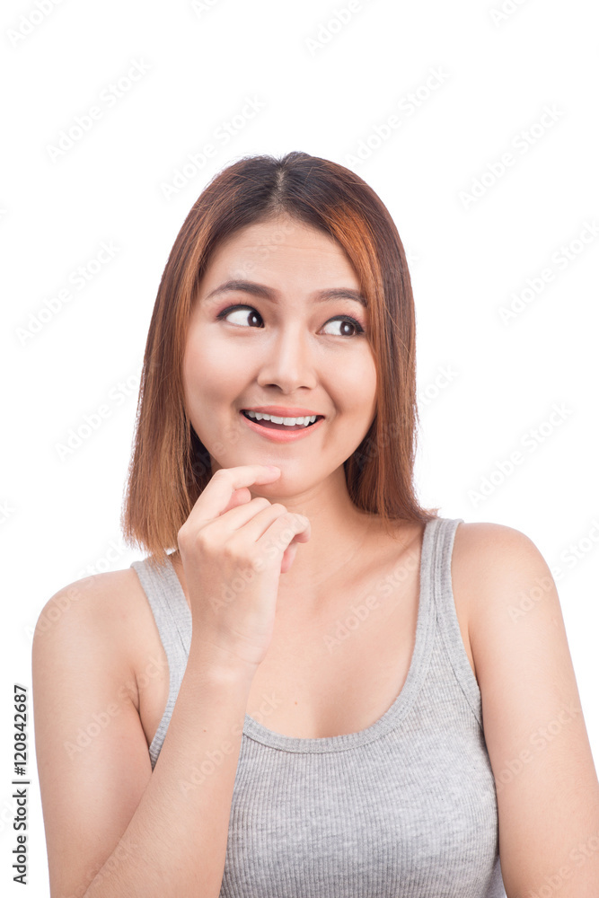 attractive asian woman thinking isolated on white background attractive asian woman thinking isolated on white background