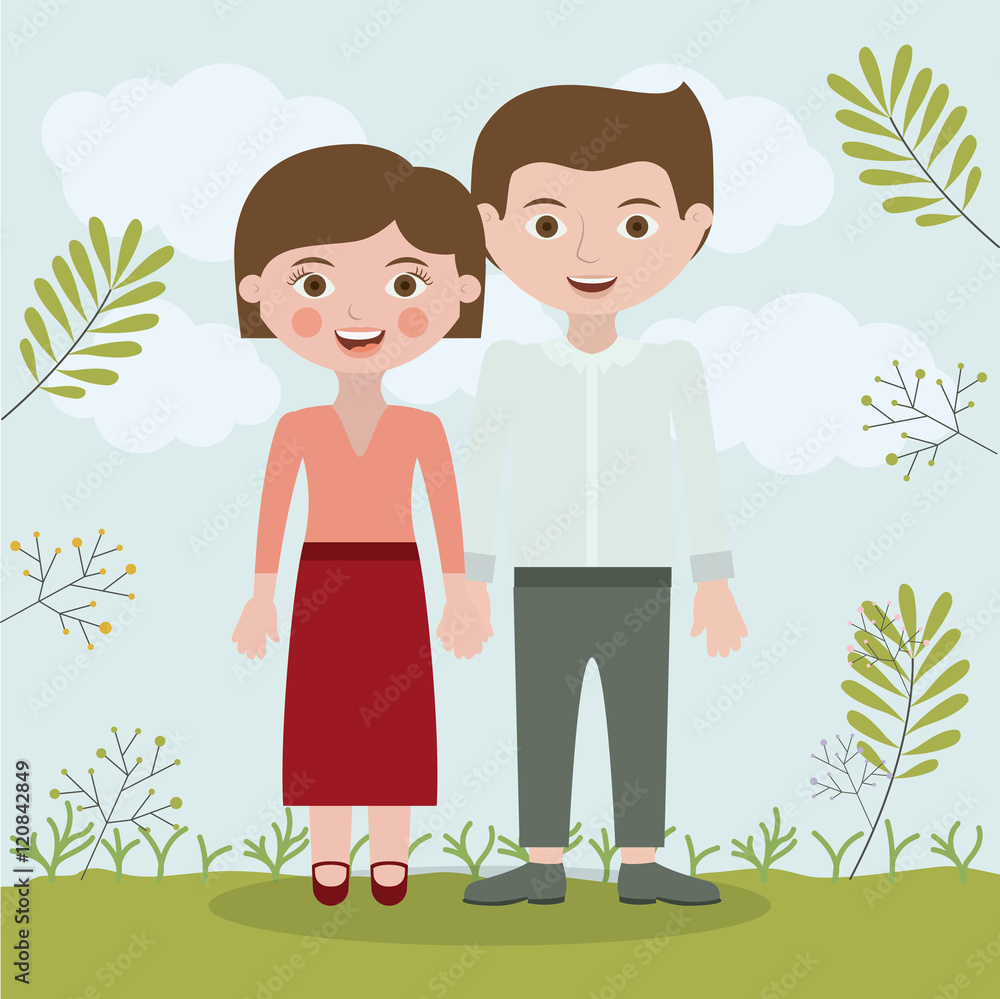 Couple of Mother and father icon. Family and relationship theme. Clouds and leaves background. Vector illustration Couple of Mother and father icon. Family and relationship theme. Clouds and leaves background. Vector illustration
