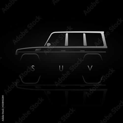 Car with reflection on black background. SUV Badge,  emblem. Design element. Vector illustration.