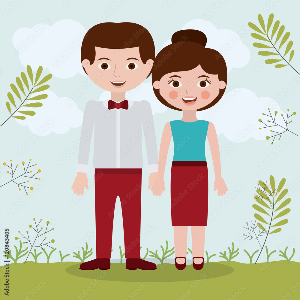 Couple of Mother and father icon. Family and relationship theme. Clouds and leaves background. Vector illustration Couple of Mother and father icon. Family and relationship theme. Clouds and leaves background. Vector illustration