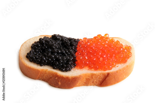 Fish eggs and bread on a white background