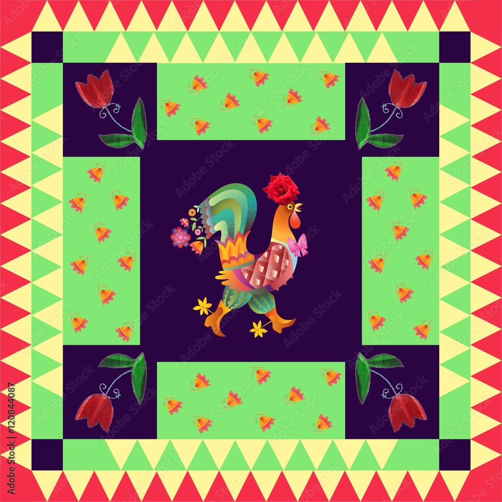 Template for pillowcase, cushion, bedding. Lovely tablecloth. Year of the rooster. Festive bandana print or beautiful panel with cute cockerel and bright flowers. Chinese zodiac sign. Childish design.