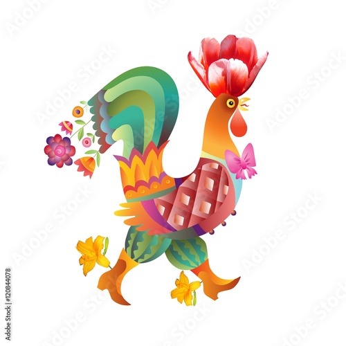 Fairy rooster with tulip flower isolated on white - chinese symbol of 2017 year.