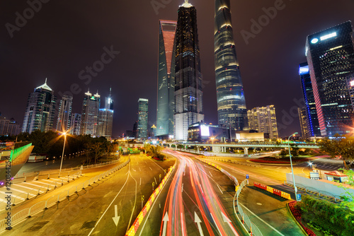 Night view of Century Avenue and skyscrapers, Shanghai, China