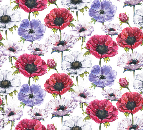 Hand-drawn watercolor seamless floral pattern with beautiful anemones. Repeated print with blossom for the textile and wallpapers. Spring tender background