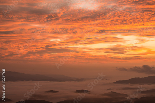 Morning sunrise during the twilight in the highland mountains of northern Thailand.