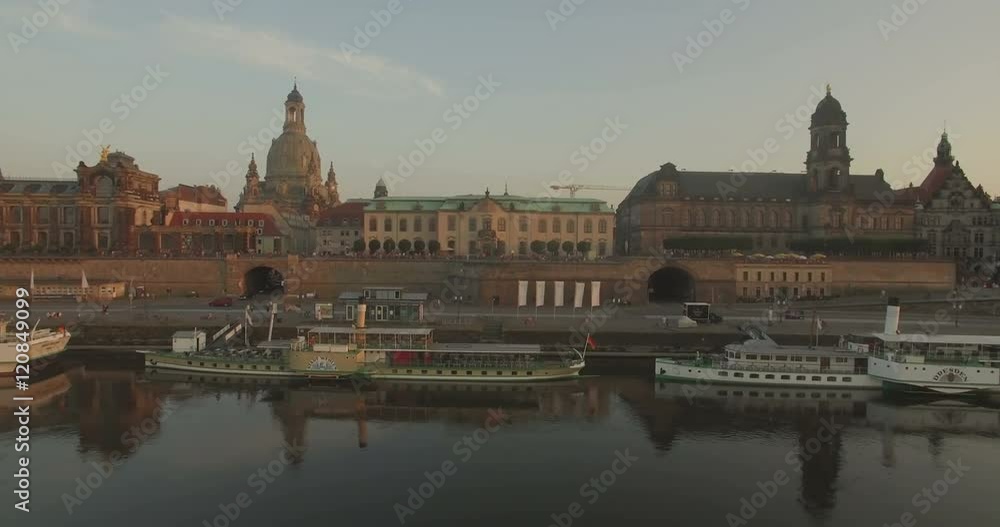 Aerial camera tracks sideways along the River Elbe. The Dresden skyline is in the background Aerial camera tracks sideways along the River Elbe. The Dresden skyline is in the background