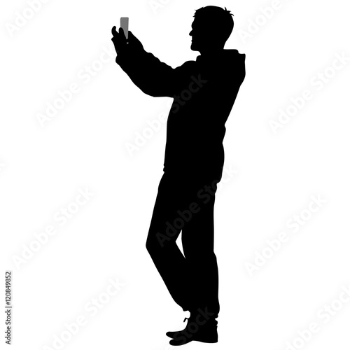 Silhouettes man taking selfie with smartphone on white background. Vector illustration
