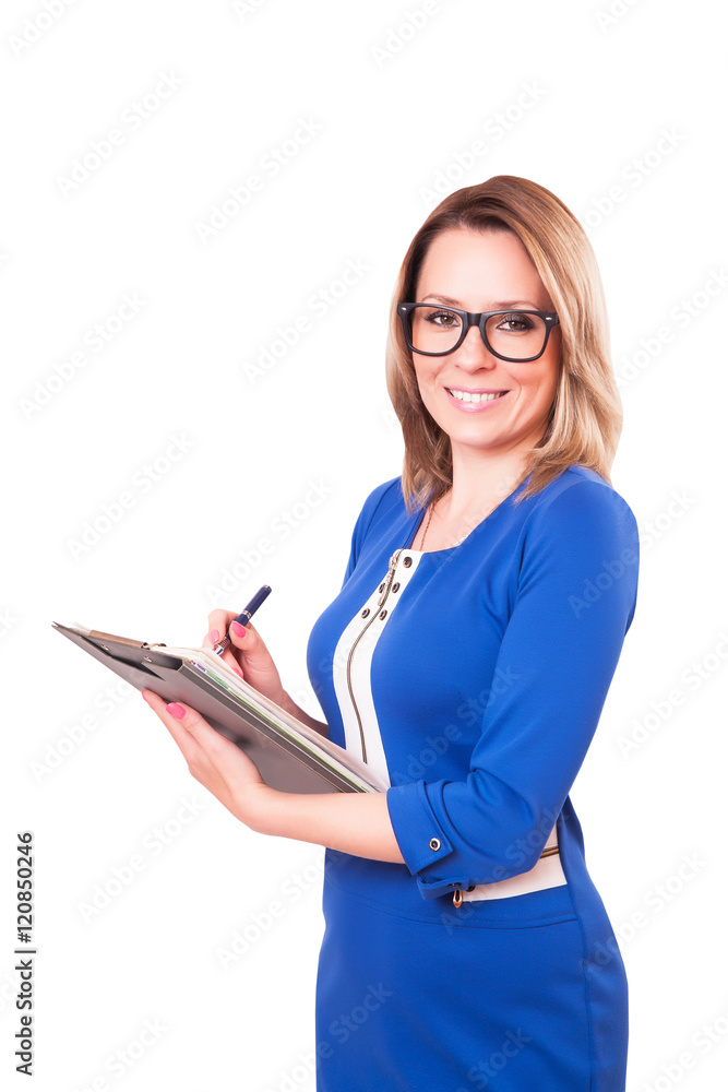 Portrait of a woman in glasses and with folder in her hands