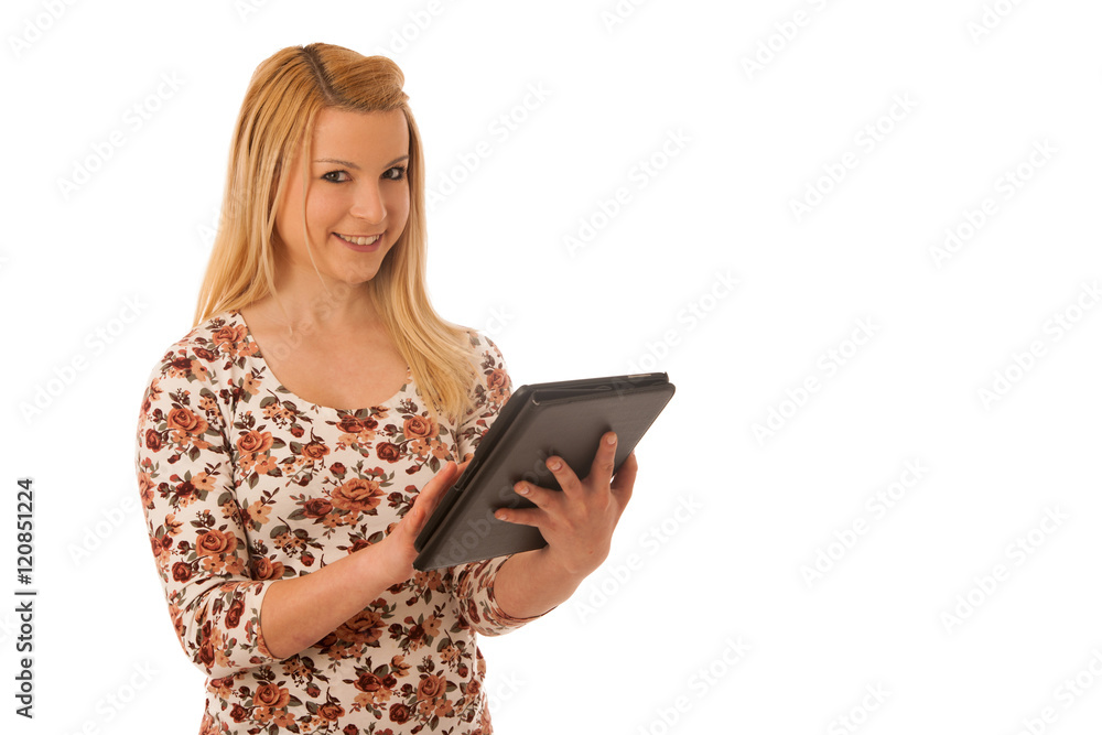 Cute blond woman with tablet computer isolated over white backgr Cute blond woman with tablet computer isolated over white backgr