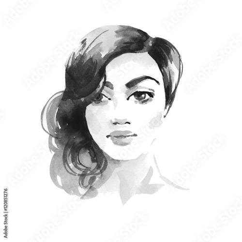 Brunette girl. Watercolor sketch 1. Female face. Black and white illustration