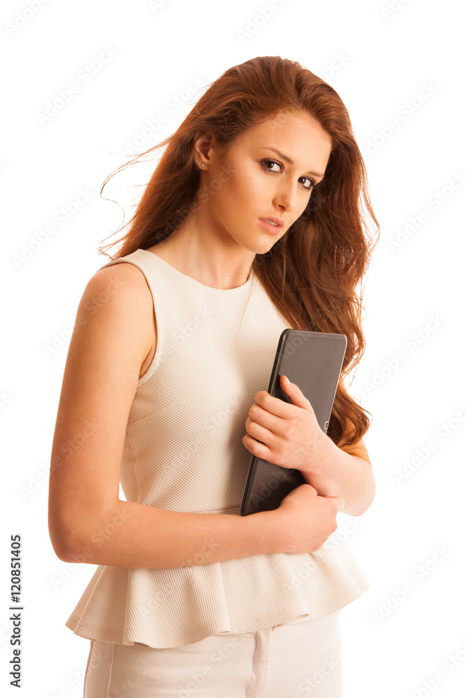 Business woman brousing the web on a tablet isolated over white Business woman brousing the web on a tablet isolated over white
