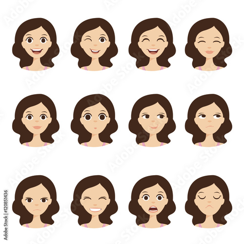 Girl emotion faces cartoon vector illustration. Woman emoji face icons and woman emoji face cute symbols. Woman emoji face happy vector and woman emoji face character symbols. Human expression sign.