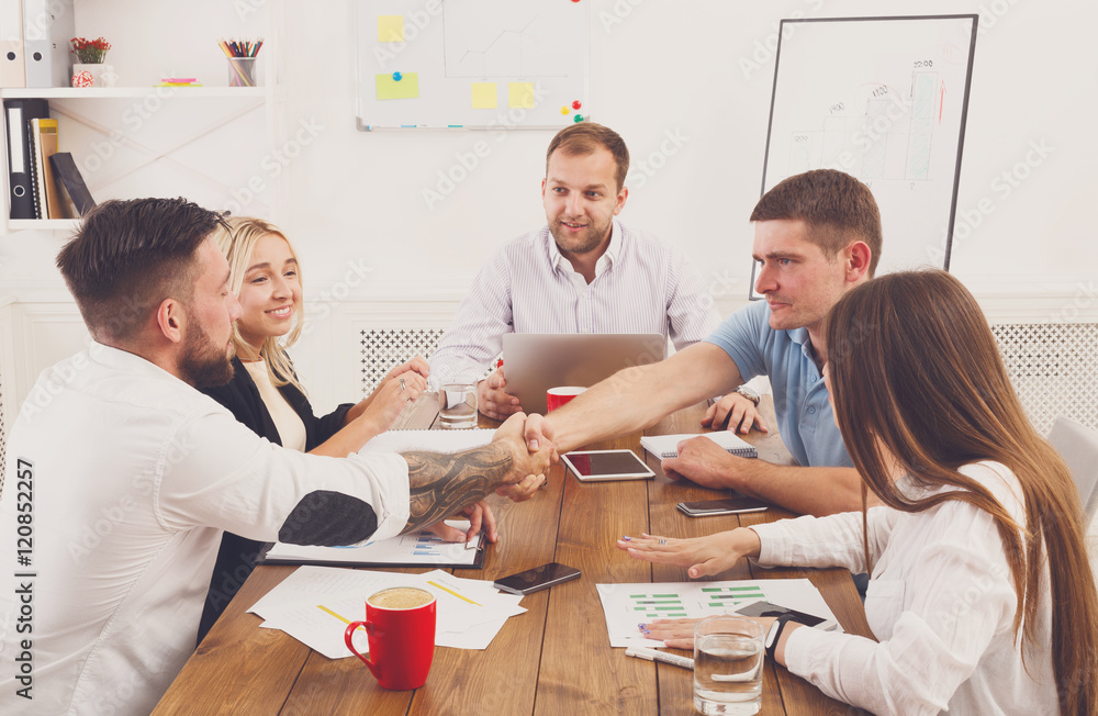 Obraz premium Business handshake at office meeting, contract conclusion and su