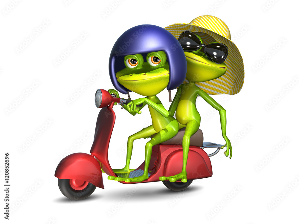 Naklejka premium 3D Illustration of a Frogs on a Red Motor Scooter