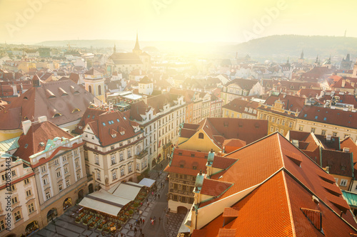 Photography Aerial view of Prague city with red rooftops