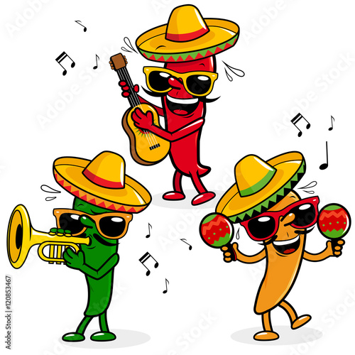 Cartoon mariachi chili peppers with sombreros, playing music. Vector illustration