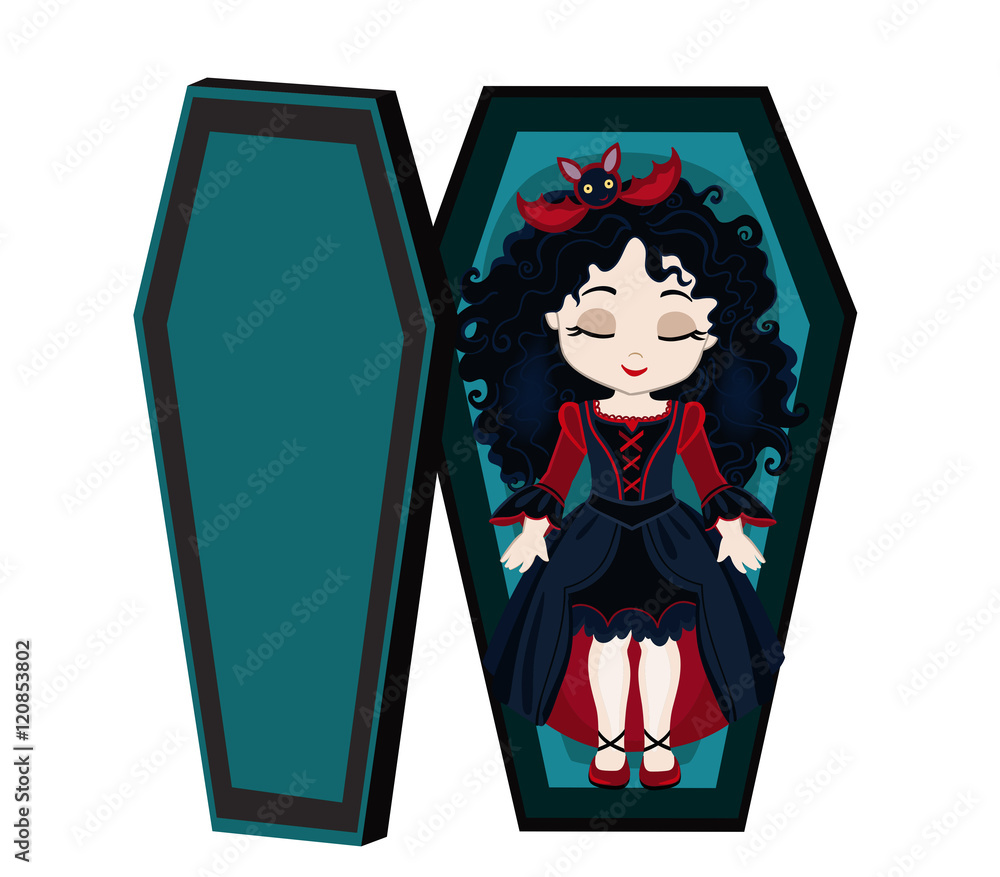 Funny cartoon cute vampire girl sleeping in her coffin. Stock Vector