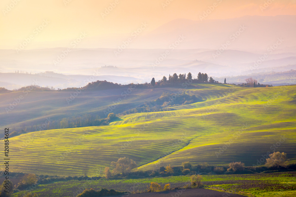 Tuscany landscape at gentle sunrise light,