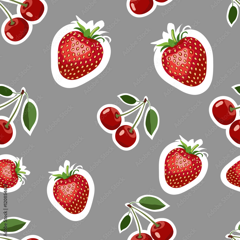 Pattern of realistic image of delicious strawberries and cherry different sizes. Gray background Pattern of realistic image of delicious strawberries and cherry different sizes. Gray background
