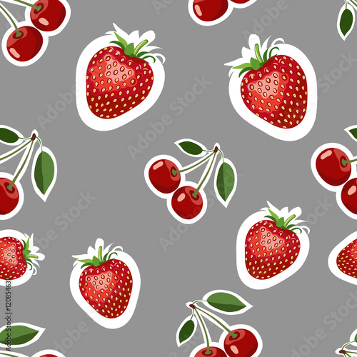 Pattern of realistic image of delicious strawberries and cherry different sizes. Gray background