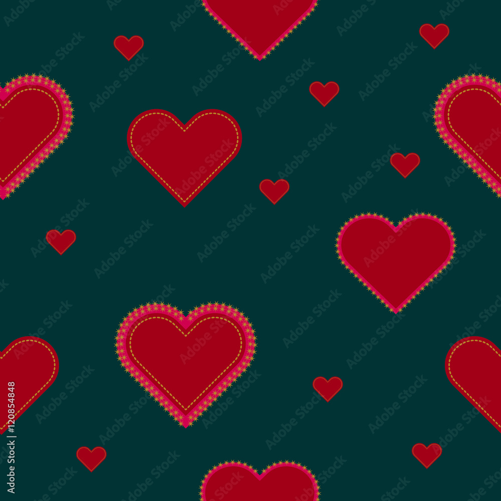 heart with sewing seams, gold stars on a dark green background. Seamless pattern.
