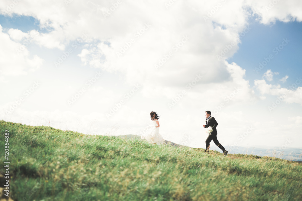 Gorgeous bride and stylish groom walking at sunny landscape, wedding couple, luxury ceremony mountains with amazing view, space for text