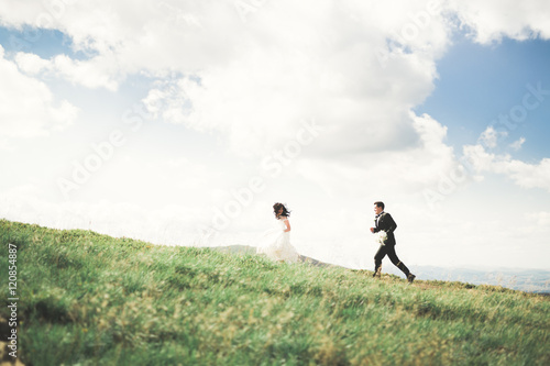 Gorgeous bride and stylish groom walking at sunny landscape, wedding couple, luxury ceremony mountains with amazing view, space for text