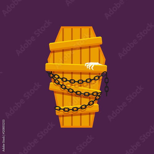 Wooden coffin with chains for halloween in a flat style