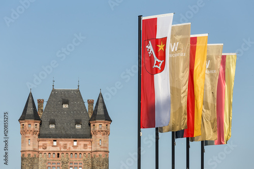 nibelungentower worms germany with city flags photo