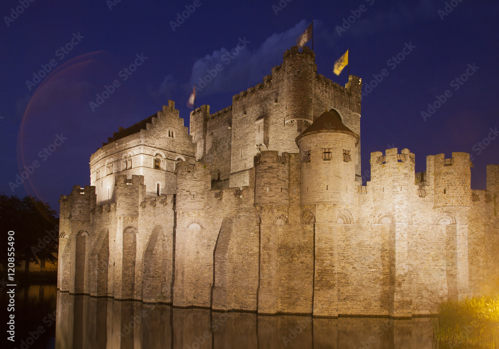 castle gravensteen in the old city of Ghent in the dark at night