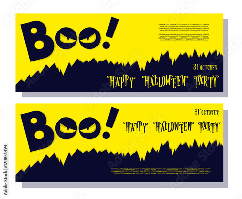 Halloween banner: monster with scary face looks out of the darkness. Cartoon style. Concept design poster, flyer or ticket on holiday party. Vector illustration isolated on white background