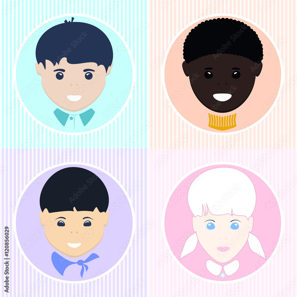 European Boy and Girl, African American and Asian Boy ,Pre-school Children of Different Nationalities, Vector Illustration European Boy and Girl, African American and Asian Boy ,Pre-school Children of Different Nationalities, Vector Illustration