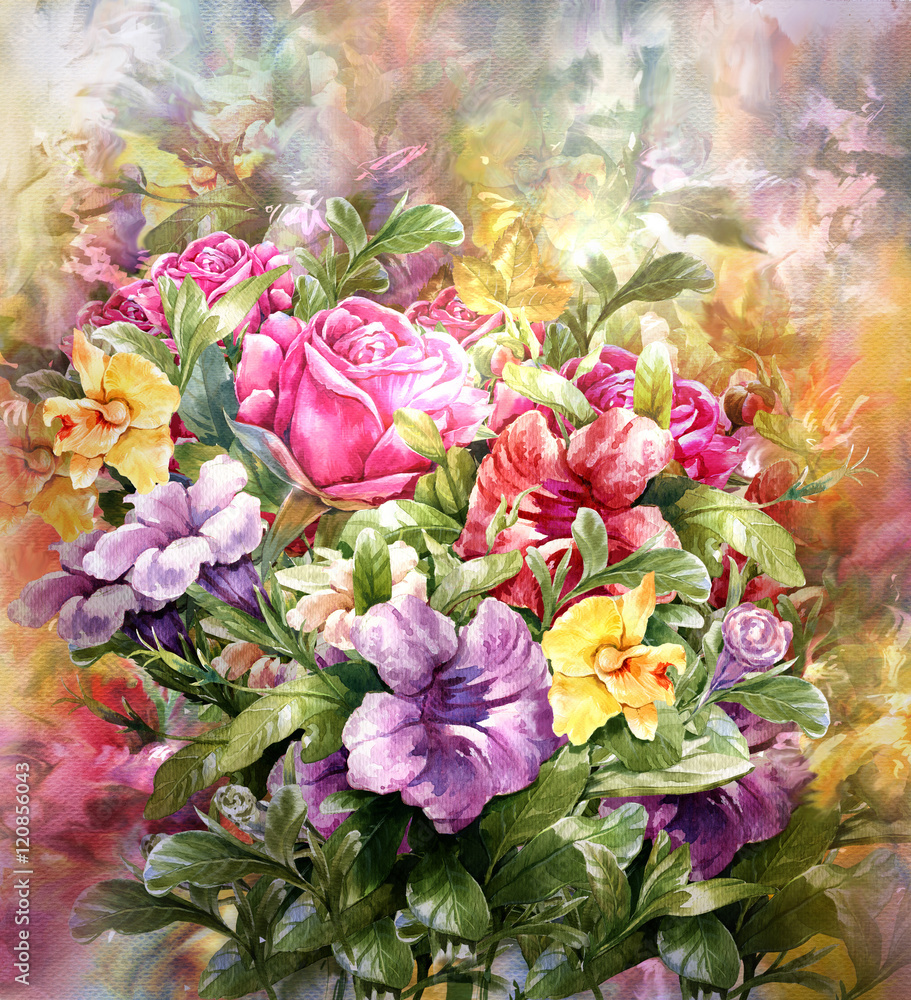 Bouquet of multicolored flowers watercolor painting style - obrazy, fototapety, plakaty 