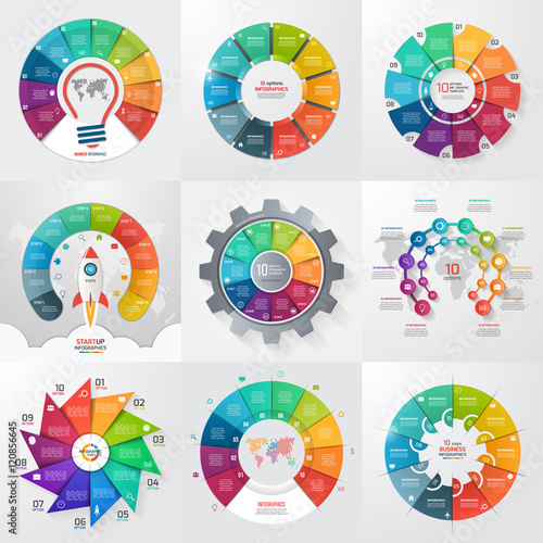 Set of 9 circle infographic templates with 10 options, steps, parts, processes. Business concept for graphs, charts, diagrams. Vector illustration.