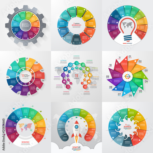 Set of 9 circle infographic templates with 11 options, steps, parts, processes. Business concept for graphs, charts, diagrams. Vector illustration. photo