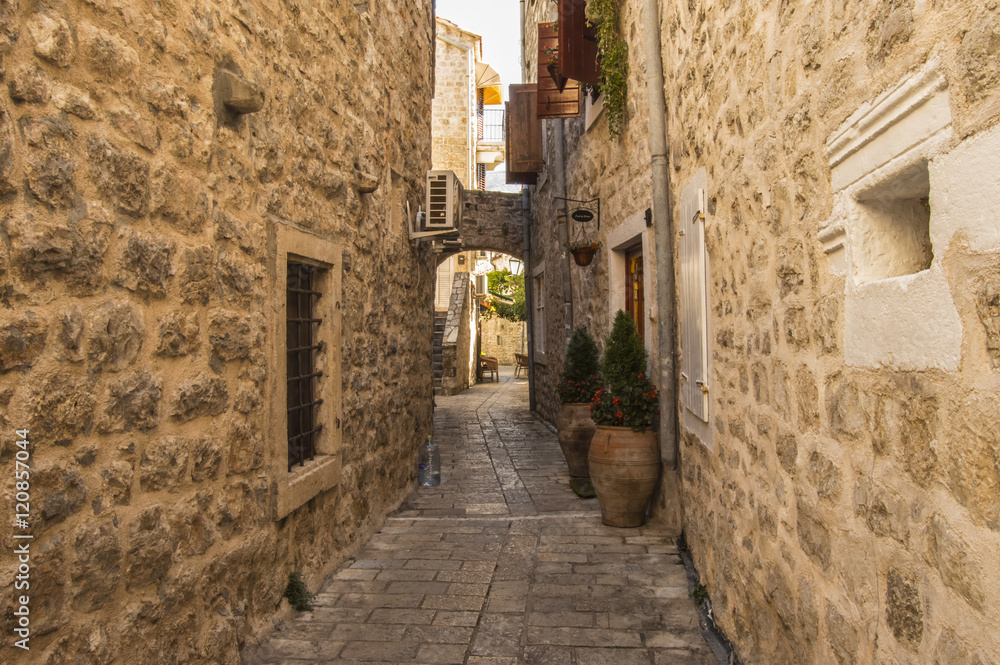 Narrow cobbled streets, arch on the background and friendly doors of the Old Town of Budva, Montenegro