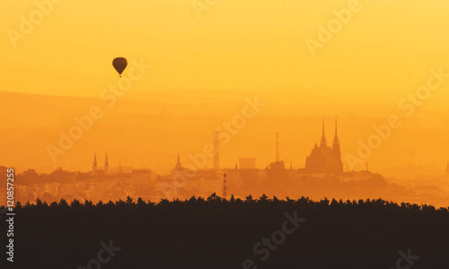 Morning over Brno - Czech Republic, Sunset over the City, Silhouette of Cathedral Petrov and Hot Air Balloon