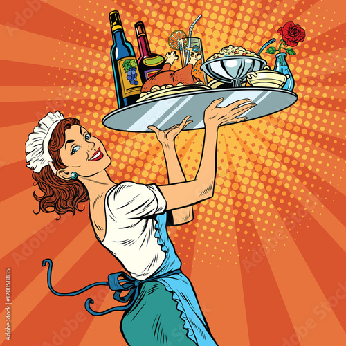 Beautiful young woman waitress in a restaurant