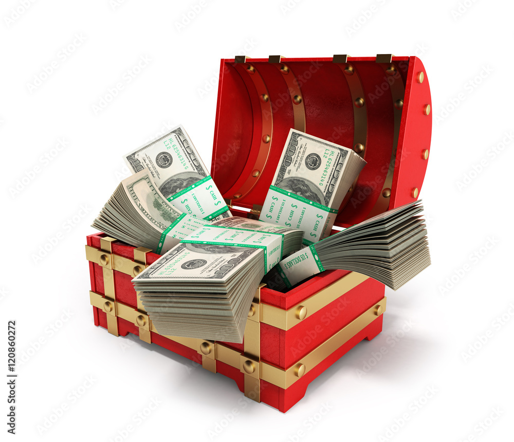 pack of dollar bills inside a red wooden chest 3d render on a wh pack of dollar bills inside a red wooden chest 3d render on a wh