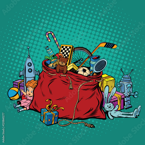 Kids toys, bag with Christmas gifts
