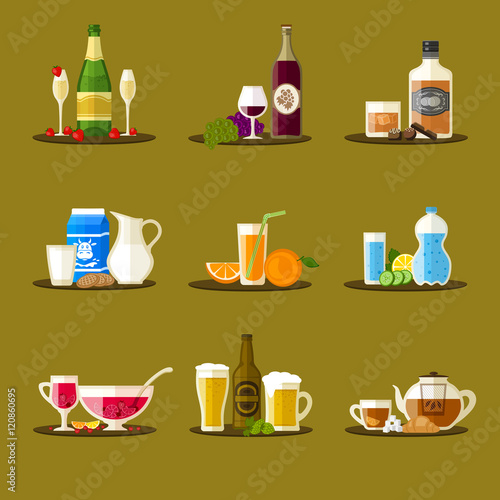 Different drinks with bottles, glasses and snacks. Champagne, wine, whiskey, milk, juice, water, punch, beer, tea. Vector beverages icon set. Flat design.