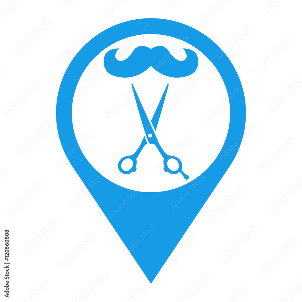 Icono plano localizacion bigote y tijeras azul Icono plano localizacion bigote y tijeras azul
