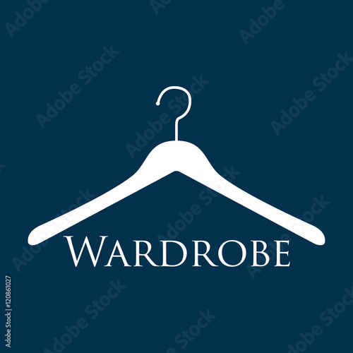 Icono plano texto Wardrobe en percha en fondo azul oscuro
