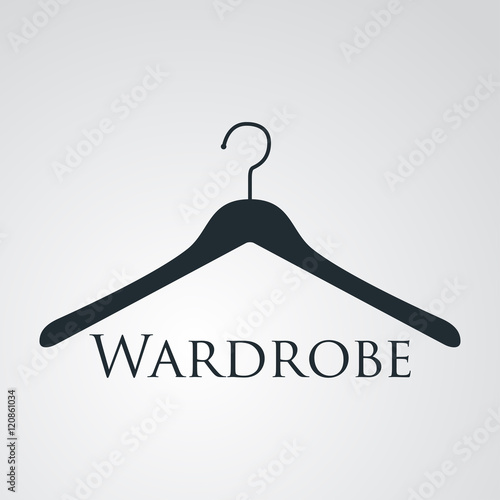 Icono plano texto Wardrobe en percha en fondo degradado