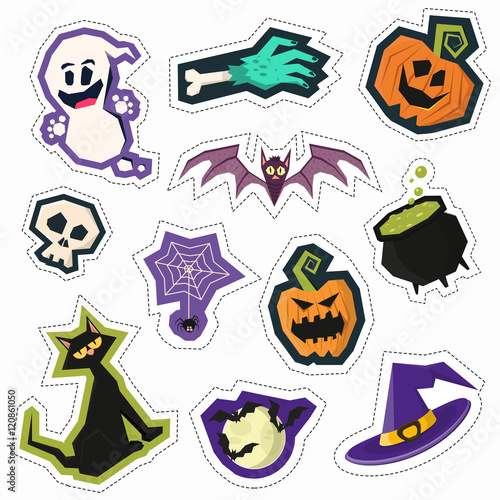 Set of colorful fun halloween party pin badges. Collection