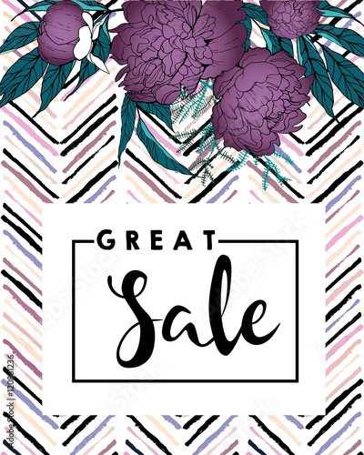Vector banner for great sale. Purple peonies and chevron modern brush spot in...